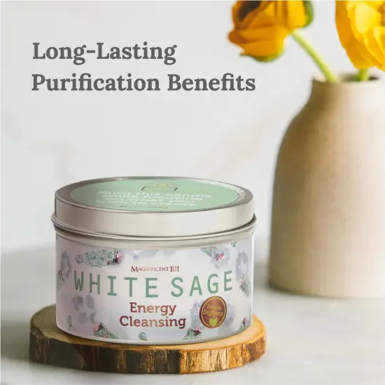 Magnificent 101 Long Lasting White Sage Scented Smudge Candle | 6 Oz - 35 Hour Burn | Made of Soy Wax for House Energy Cleansing Purification, Chakra Healing & Manifestation {2}