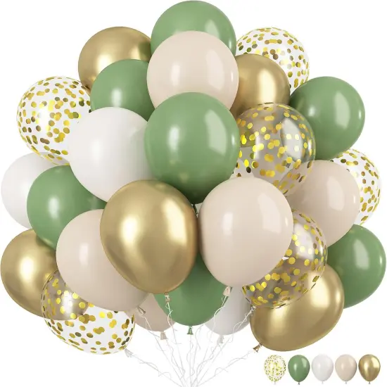 Sage Green Gold Balloons, 12 Inch Green White Metallic Gold Balloons, Green Sand White Balloons Gold Confetti Latex Balloons {1}