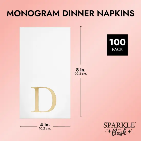 Sparkle and Bash 100 Pack Gold Foil Initial Letter D White Monogram Paper Napkins for Wedding Reception, Table Decorations (4 x 8 In) {3}
