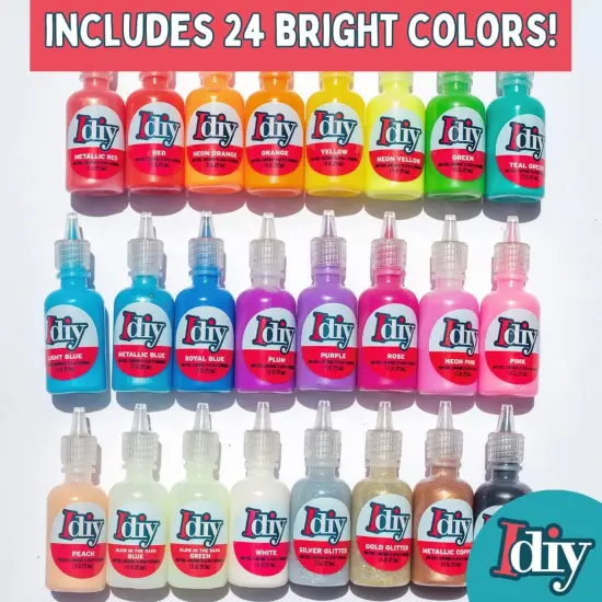 Fabric Paints- Set of 24 (1oz bottles) Ultra Bright 3D Colors- Includes Glitter, Metallic, Glow in Dark, Neon, 5 Stencils, & 3 Brushes, Non-Toxic, Permanent, Birthday Party Art Craft, Craft {4}