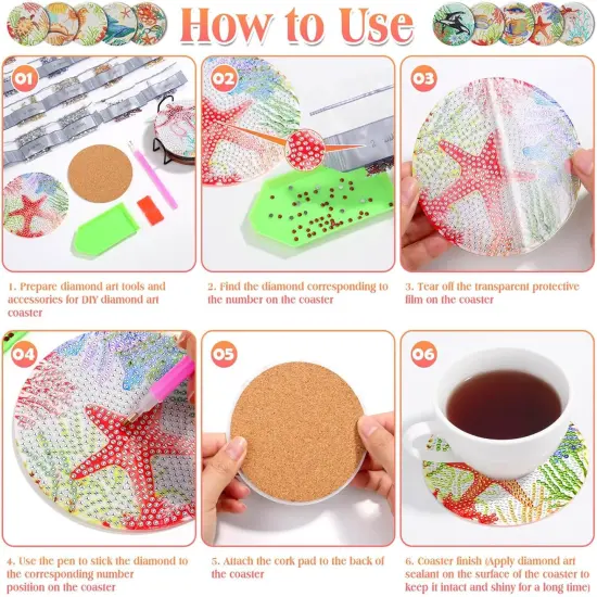 Diamond Art Painting Coasters Kit, 10 Pieces Ocean Diamond Art Coasters with Holder, DIY Diamond Arts and Crafts for Adults {4}