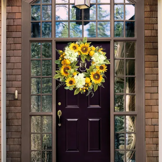 Sunflower Wreath with Hydrangeas, Lemons, Big Berry,Summer Wreath for Front Door, Unique Housewarming Gift,mother'day Gift,Farmhouse Porch Decor, Wall Decor-22IN {5}