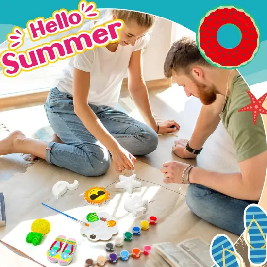 24 Pcs Summer Ceramic Painting Kits Ready to Paint Your Own DIY Figurine Arts and Crafts Set Include Unpainted Paintable Ceramics with Brushes Palettes(Summer) {3}