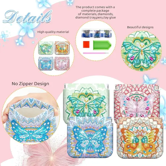 4 Pcs Diamond Painting Coin Purse Pouch Leather DIY Rhinestone Paint Handmade Clutch Change Holder Change Purse Diamond Painting Bags for Adults Women Craft Makeup (Mandala, Butterfly) {4}