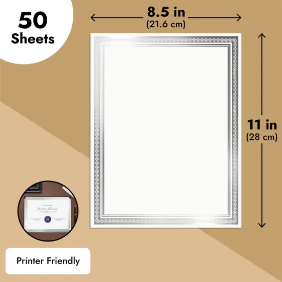 50 Sheets Silver Foil Certificate Paper for Printing - Customizable Blank Cardstock with Border for Graduation Diploma, Achievement Awards, Recognition Documents (8.5 x 11 in, White) {3}