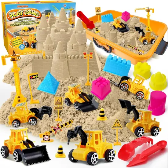 Summer Construction Sensory Bin - Play Sand Kit with Toy Truck and 4lbs Magical Sand, Pretend Play Beach Sensory Toy Sandbox, Kids Gifts for Girls and Boys {1}
