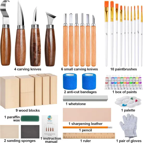 Wood Carving Tools for Beginners, 54 PCS Wood Carving Kit with Carving Hook Knife, Whittling Knife, Chip Carving Knife, Painting Set and Basswood Blocks,Wood Carving Knives for Sharpener Cup {2}
