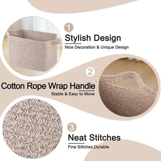 Summer baskets Cotton Rope Woven Storage Baskets for Shelves, Rectangle Storage Bins with Handles, Towel Basket - 13"&times;9.85"&times;8.7", Brown {4}