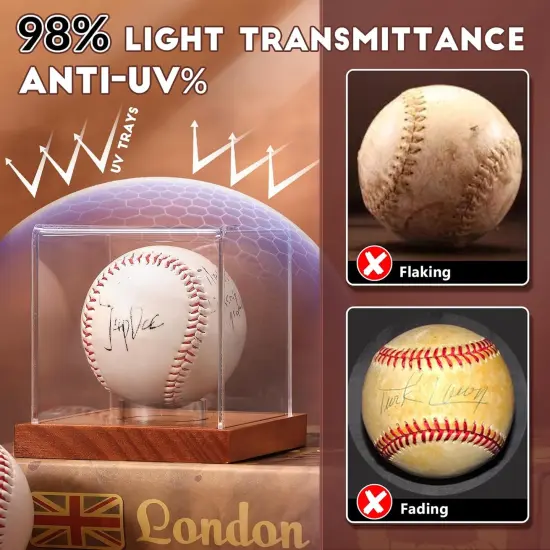 Baseball Display Case - Clear Cube Baseball Holder with Wooden Base, Autograph Stand Box for Single Ball, Acacia Wood, Brown, 1 Pack {4}