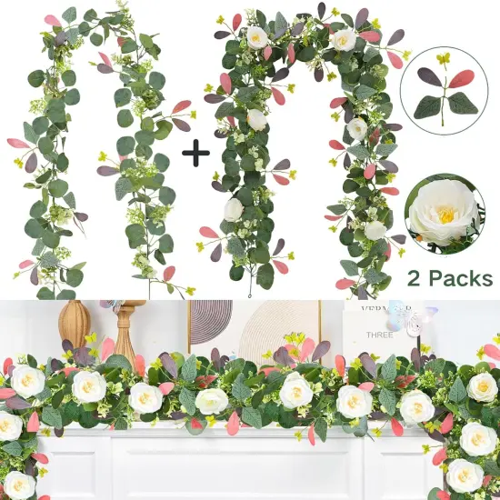 2 Pack 6.23Ft Artificial Eucalyptus Flower Garland with Flowers, Fake Rose Garland Greenery Garland Floral Vines for Wedding Spring Home Party Craft Art Table Runner Decor (Pink Leaves) {3}