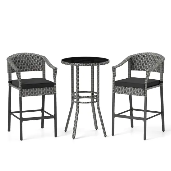 3-Piece Patio Rattan Bar Set with Round Glass Table-Top and 2 Armchairs Brown {8}