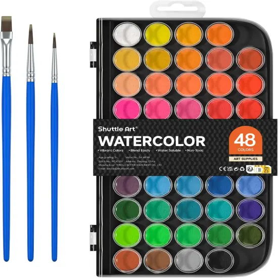 Watercolor Paint Set, 48 Colors Watercolor Paint Pan Set with 3 Paint Brushes for Beginners, Artists, Kids & Adults to Watercolor Paint, Bullet Journal, Calligraphy Practice {1}