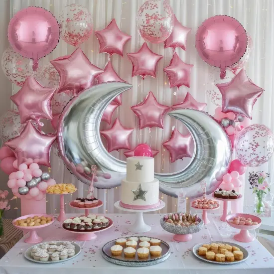 Pink Silver Moon Star Balloons,Large Moon Balloons Star Foil Balloons {5}