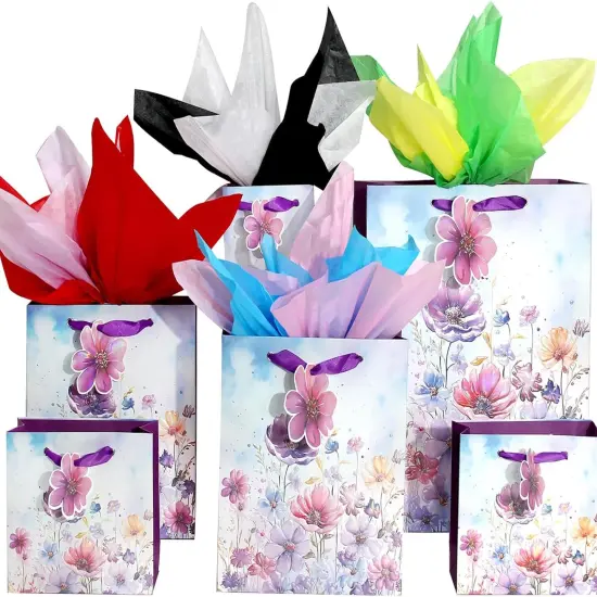6 Pack Purple Flowers Pattern Embossed Paper Gift Bag with Handles, Assorted Paper Bags with 8 Pcs Tissue Paper for Girls/Women Baby Shower {2}