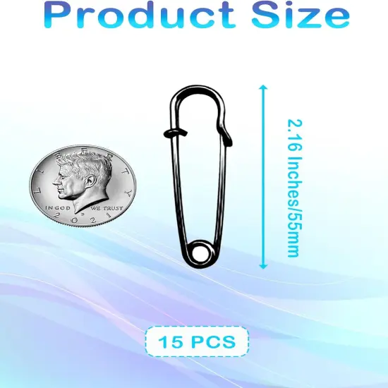 Black Safety Pins Large,55mm/2.17" Large Safety Pins Pack of 15Pcs Heavy Duty Big Safety Pin for Clothes Giant Safety Pin Available for Thick Fabric,Leather,Diapers Fixed Blankets,Shawl {2}