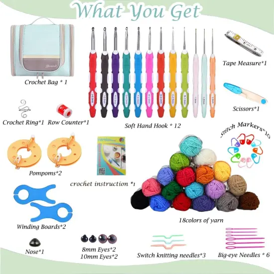 Crochet Kits with Bag, Beginner Crochet Kits Includes 18 Yarn Skeins & 12 Ergonomic Crochet Hooks {2}