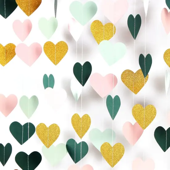 Sage-Green Mint Pink-Gold Love-Heart Garland - 52Ft Rustic Wedding Hanging Decoration Streamers Banner,Mothers Day Bachelorette Bridal Shower Engagement Party Bunting {1}