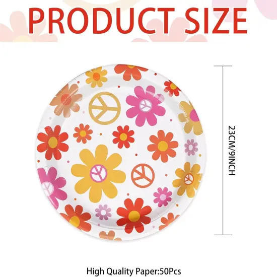 50 Pcs Summer Groovy Daisy Paper Plates, 10" 400 GSM Hippie Boho Flower Platters, Daisy Floral Dish Tray for 60s 70s {2}