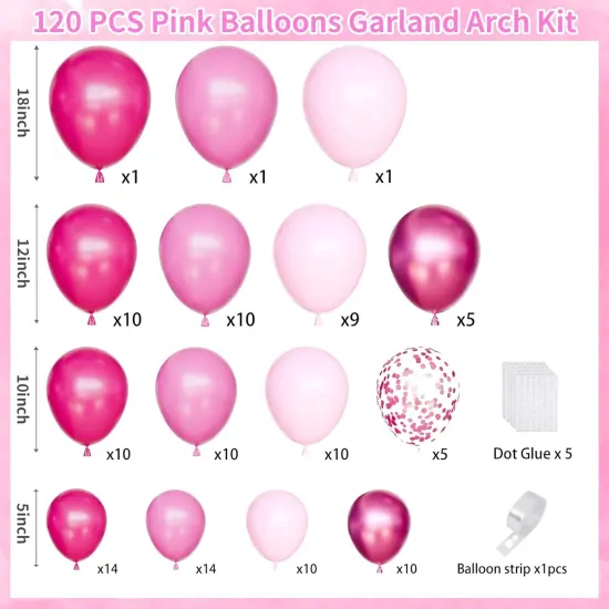Pink Balloons Garland Arch Kit, 120Pcs Hot Pink Latex Balloons {3}