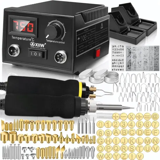 Wood Burning Kit 100W with 2 Wood Burning Pens, 165 Pcs Pyrography Wood Burning Kit with 113 Solid Points and 33 Wire Nibs, Temperature Adjustment 300~750&deg;C, Wood Burner for wood and leather {1}