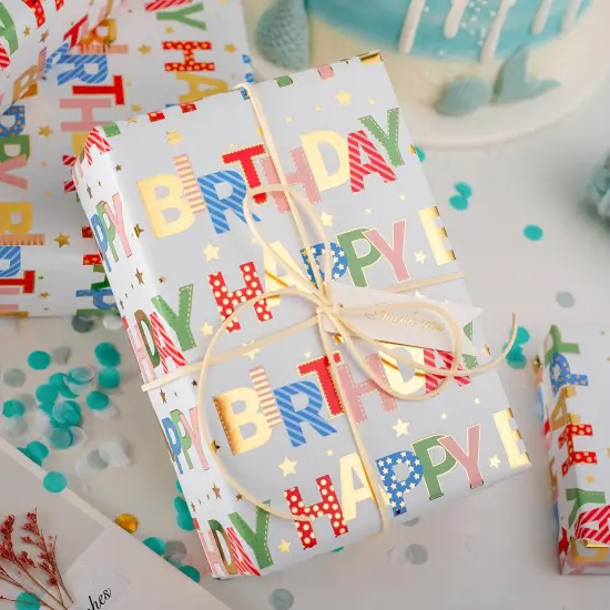 Colorful Wrapping Paper Roll, Happy Birthday Gift Wrap - 17 In X 32.8 Ft - 1 Roll (46.5 sq.ft.ttl.) Foil Happy Birthday Lettering & Candles Wrapping Paper for Birthday, Baby Shower, Party {3}