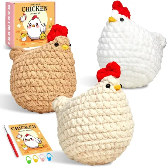 Crochet Kit for Beginners, Crochet Starter Kits for Adults Amigurumi Craft Knitting Crochet Animals Kits with Step-by-Step Video Tutorials, 3 Pcs Chicken (40%+ Yarn) {1}