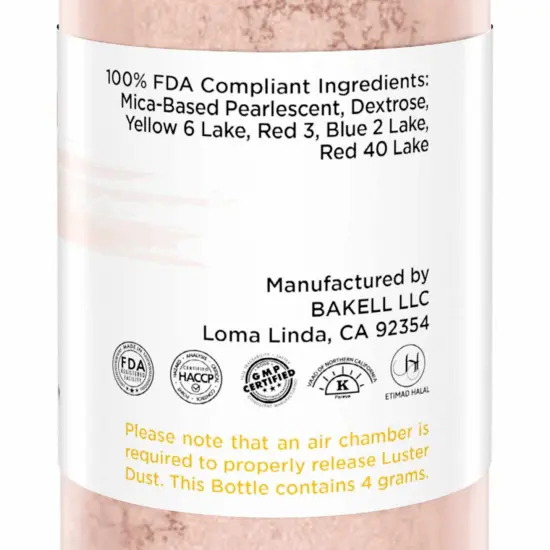 Bakell - Peach Champagne Luster Dust (4g, 1x Pump) Edible Vegan Dust & Paint for Baking, Desserts and Beverages {6}