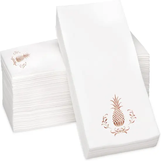 Pineapple Rose Gold Foil Stamped Airlaid Paper Dinner Napkins, 1/6 Fold 12"x17" Disposable Guest Hand Towels - Absorbent, Linen-Like, Weddings, Receptions, Parties, Bathroom (Rose Gold, 100 Count) {1}