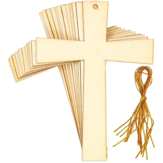 12 Pack Unfinished Wood Cross Cutouts with Gold Rope for Craft - Wooden Cross Ornaments Charms for Christian Baptism, Easter, First Communion, Rosary, Sunday School, Church Brown {1}