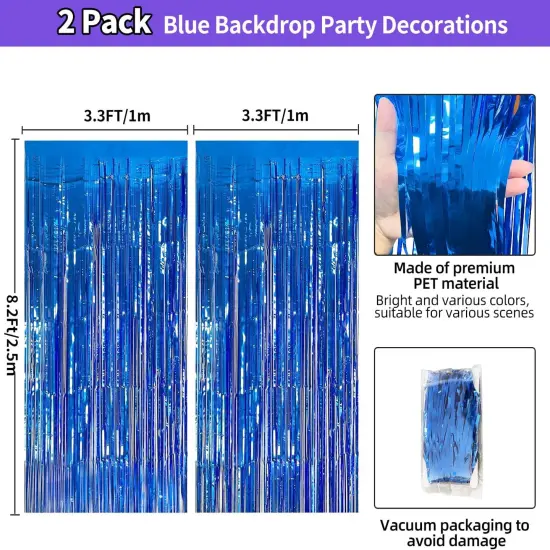 Blue Streamers Party Decorations 3.3x8.2ft, 2 Pack Dark Blue Tinsel Backdrop for Ocean Themed Party Decor, Glitter Blue Foil Fringe Curtains for Door Decorations Hanging Birthday Baby Shower Halloween {3}