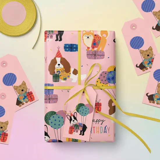 Dog Birthday Wrapping Paper Roll - Mini Roll - 17 Inch x 9.8 Feet - Pink Puppy Dog, Perfect for Party, Holiday {3}