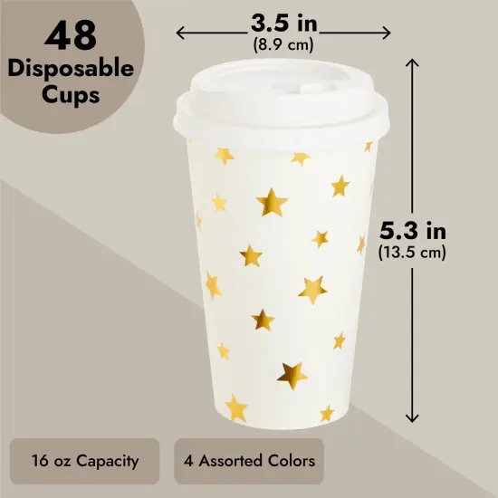 48 Pack Disposable 16oz Coffee Cups with Lids, Paper To Go Coffee Cups for Themed Birthday Party, Wedding, Baby Shower (Foil Stars) White {4}