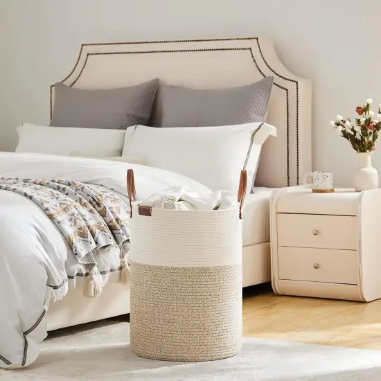 Tall Laundry Basket, Large Dirty Clothes Hamper with Leather Handle, Woven Rope Storage Basket for Blanket, Toy In Living Room, Bathroom, Bedroom {4}