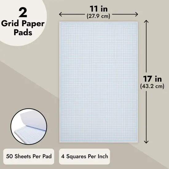 2 Pack Engineering Graph Paper Pads, 11x17 Quadrille Grid Paper for Drafting, Engineering, Blueprint Drawing, Architect Designers (4 Squares Per Inch, 50 Sheets Each Pad) White {4}