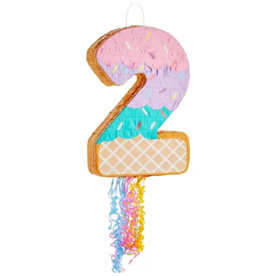 Pull String Number 2 Ice Cream Pinata for Two Sweet Birthday Decorations (16.5 x 11.5 x 3 In), For Ages 3+ Pink {1}