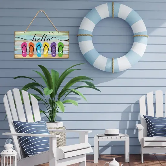 Hello Summer Sign 12 x 6 Inch Welcome Summer Door Sign Wooden Farmhouse Front Porch Door Hanging Decor Rustic Beach {2}