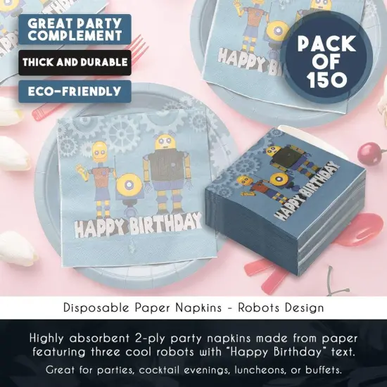 Robot Paper Napkins for Kid's Birthday Party (6.5 In, 150 Pack) Blue {5}