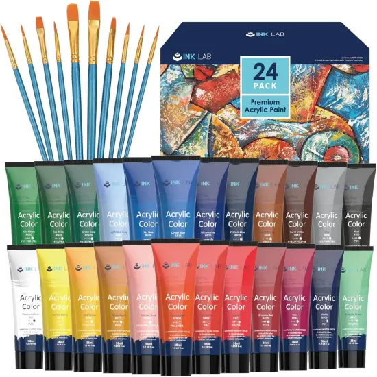 Acrylic Paint Set 24 Colors Craft Paints in Tubes with 10 Art Brushes Rich Pigment for Artists Beginners Kids Painting on Canvas Wood Fabric Crafts, 36ml/Tube {1}