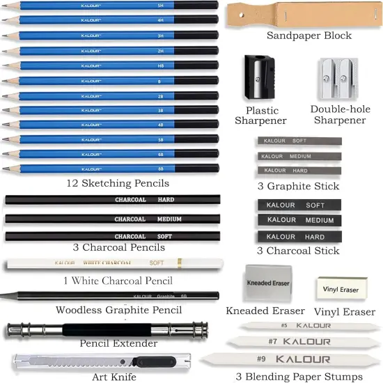 33 Pieces Pro Drawing Kit Sketching Pencils Set,Portable Zippered Travel Case-Charcoal Pencils, Sketch Pencils, Graphite, Charcoal Stick,Sharpener,Eraser.Art Supplies for Artists Beginner Adults Teens {2}