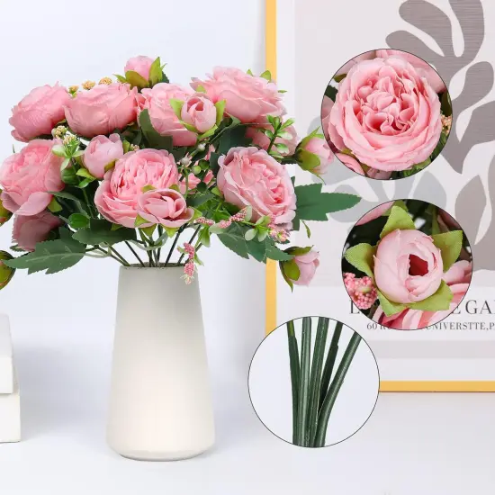 Faux Peony Flowers with Vase Fake Bouquet with Stems Artificial Greenery for Floral Arrangements Silk Plants for Home Decor Indoor Rustic Coffee Centerpiece Table Mother's Day(Pink) {3}