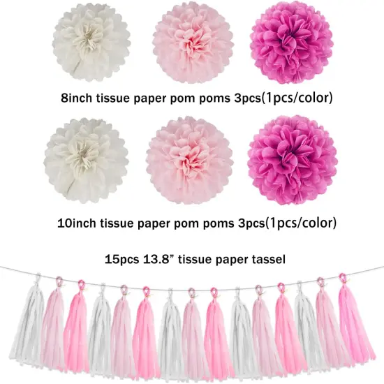 Hot Pink White Party Decorations - 23pcs Tissue Paper Flower Pom Poms Tassel Garland Pennant Banner Flags Streamers Women Girl Birthday Baby Bridal Shower Engagement Bachelorette Wedding Hanging Decor {2}