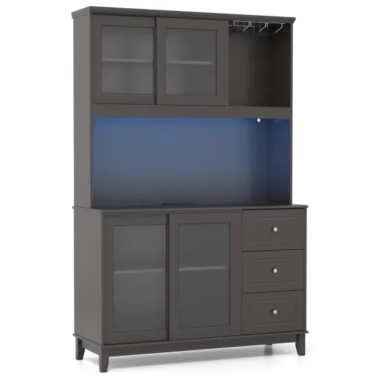 Kitchen Pantry Storage Cabinet with 2 Compartments with Doors and LED Lights and Power Outlet Dark Brown {8}