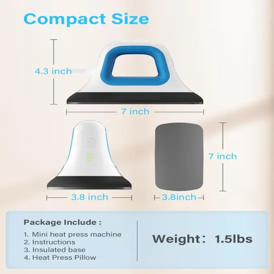 Mini Heat Press - 7"x 3.8" Transfer Machine Small Hand held Iron Press Heat for Tshirt and HTV Vinyl Projects,Easy Temperature Control with Safety Base & Auto-Off Feature(Blue) {3}