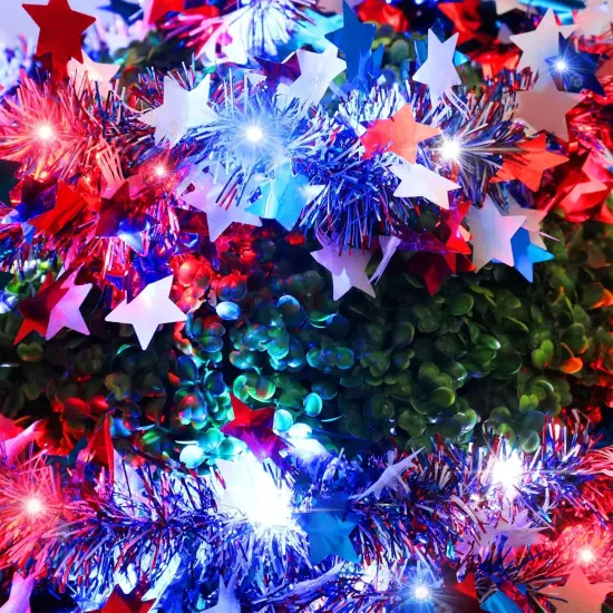 4th of July Patriotic Decorations, Red White and Blue Star Garland with 20Led Copper Fairy Lights, 2PACK Each 6.6Ft Tinsel Garland National Independence Day Decor Party Home Indoor {2}