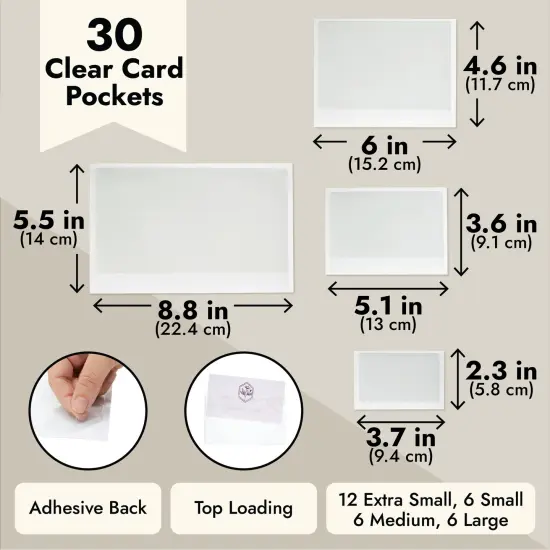 30 Pieces Clear Adhesive Pockets for Planners and Binders, Peel and Stick Index Card and Photo Pockets, Office Notebook Folder Sleeves (4 Sizes) White {6}