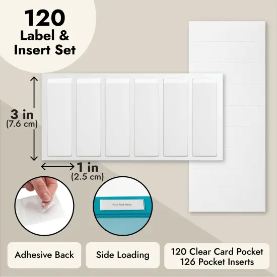 120 Pack Clear 3-Ring Binder Spine Label Holder Stickers with 126 Blank White Inserts, Self-Adhesive Pocket Sleeves for Small Business, Office Supplies (1x3 In) {4}