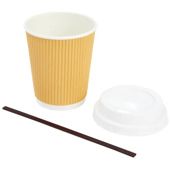 50 Pack Disposable Small Coffee Cups 8 oz, Insulated, Ripple, To Go Kraft Paper Coffee Cups with Lids and Stirring Straws Included for Hot Drinks (150 Total Pcs) Brown {4}