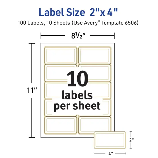 Avery Printable Rectangle Labels, 2" x 4" Shipping Labels, Matte White with Metallic Gold Border, Permanent Adhesive, Laser & Inkjet Compatible, 100 Blank Labels (6506) {4}