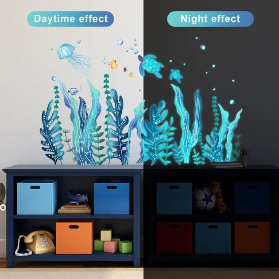 5 Sheets Turtle Wall Decals Stickers Under The Sea Stickers Ocean Grass Jellyfish Fish Removable Vinyl Decal for Bedroom Bathroom Nursery Room Wall Decor(Blue Glow Style) {2}