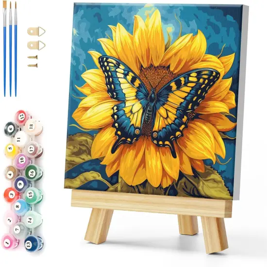 Framed Paint by Numbers on Canvas Flowers Acrylic Paint by Numbers Kits for Adults Beginner Butterfly on Sunflower Pictures Painting Kits Ideal Gift Home Wall Decor 12x12 Inch {1}